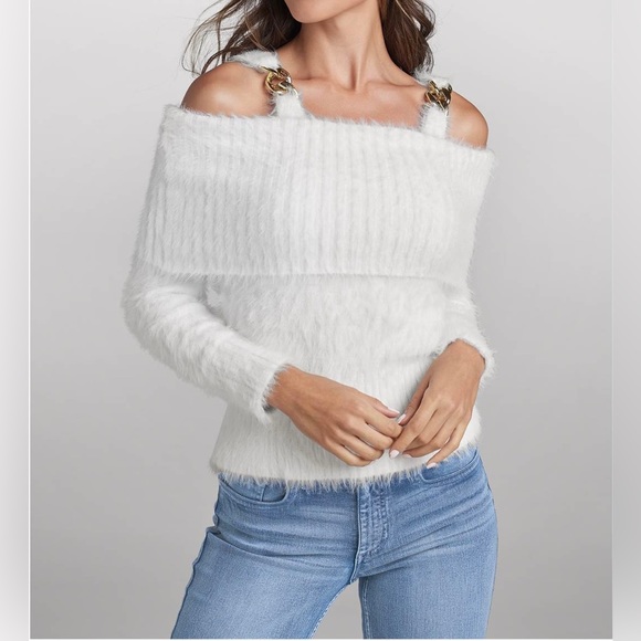 VENUS Tops - Venus Fuzzy Fold-Over, Off-the-Shoulder White Sweater with Gold Straps, XS